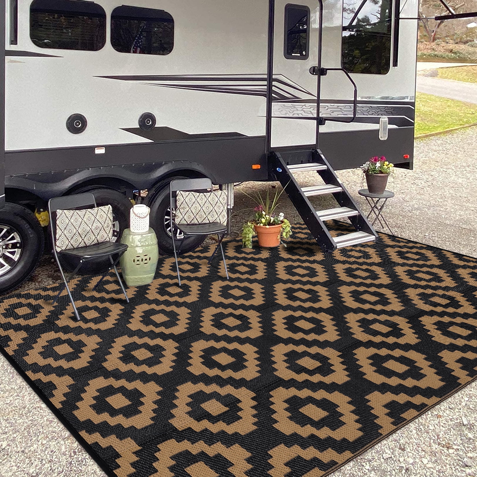 Twister.CK 8x10' Waterproof Outdoor Rug, Reversible Plastic Patio Rugs with Storage Bag, Portable Modern Indoor Outdoor Carpet for Camping, Balcony Deck Backyard, Black & Brown