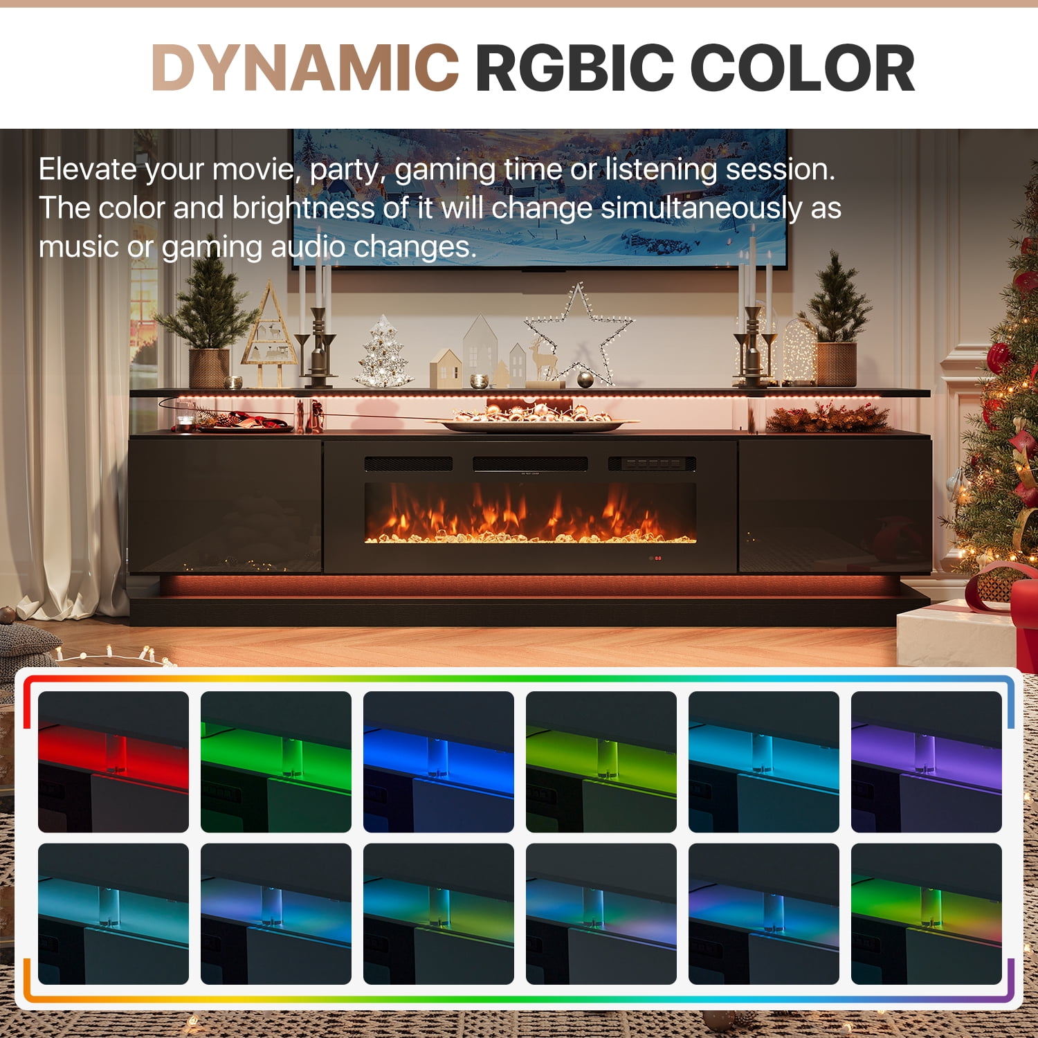 Sonegra Modern Fireplace TV Stand for TVs Up to 80" with Music Sync LED, 70" Entertainment Center with Electric Fireplace, TV Console with Storage Cabinets for Living Room, Black