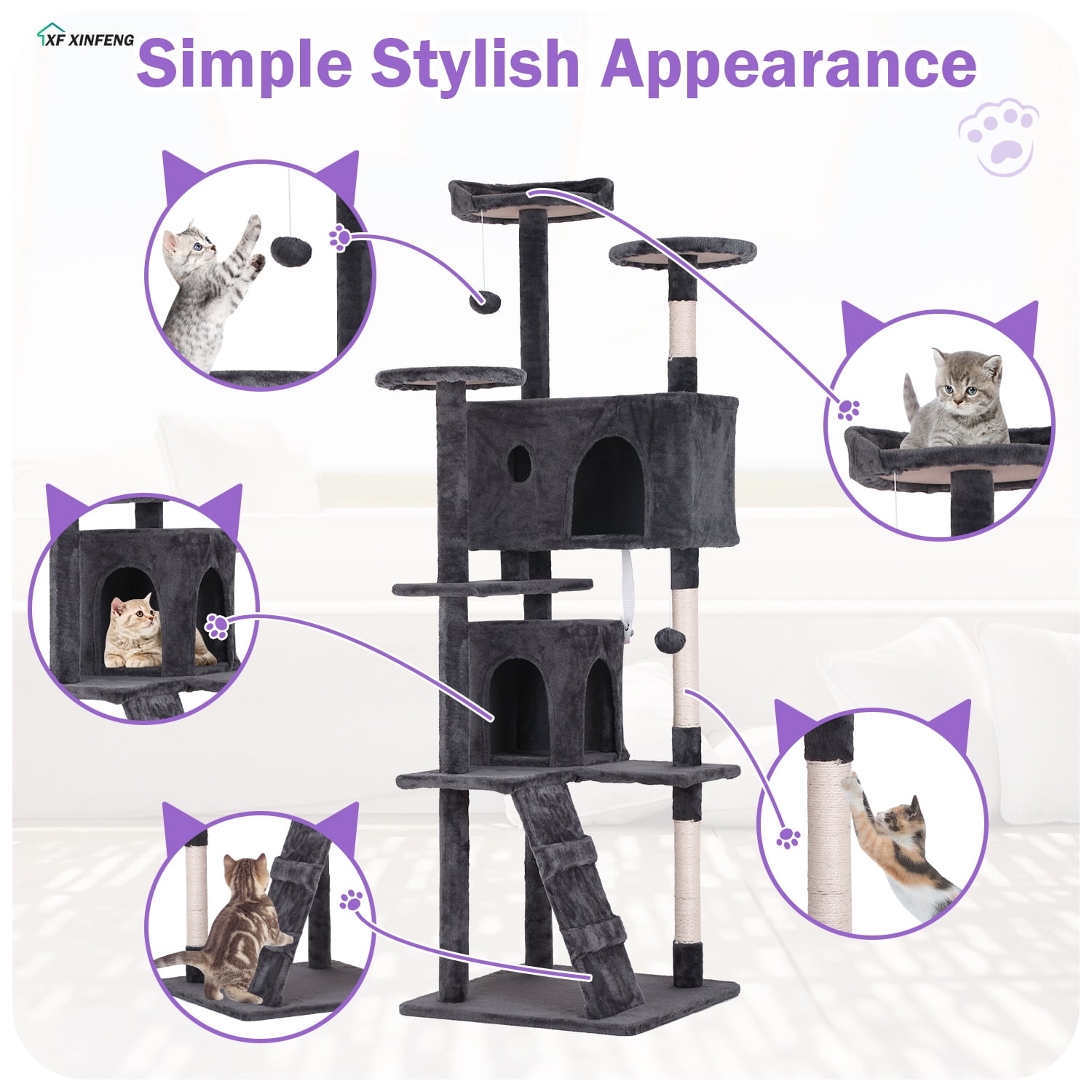 XF XINFENG 70" Cat Tree Tower Playhouse for Indoor Cats with Scratching Posts, Multi-Level Pet Cozy Condo Furniture, Ashy