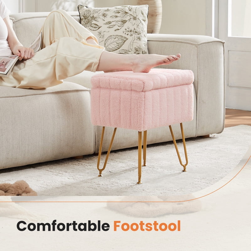Gianna Square Ottoman with Storage, Makeup Cute Soft Small Footstool, Modern Style Faux Fur Seat with 4 Metal Legs & Adjustable Feet for Dressing, Living Room Bedroom Dorm, Pink