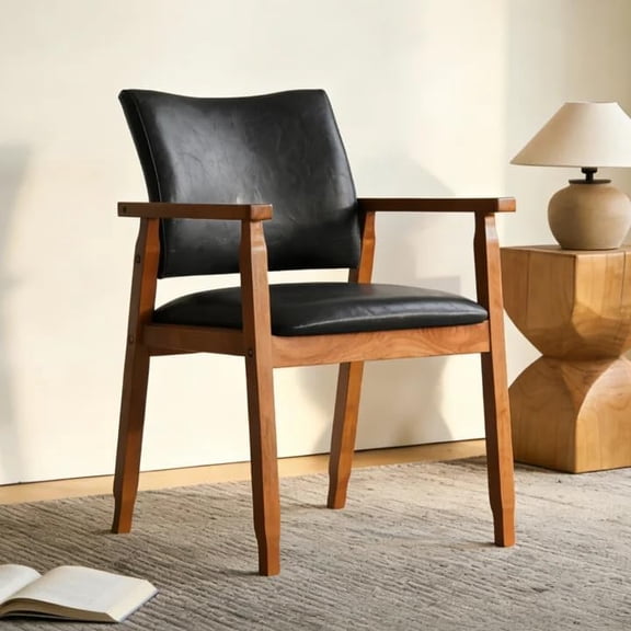 Mid-Century Modern Dining Chairs w/Armrest, PU Leather Upholstered Dining Room Chair, Solid Wood Frame, Walnut Kitchen Armchair for Living Room, Black