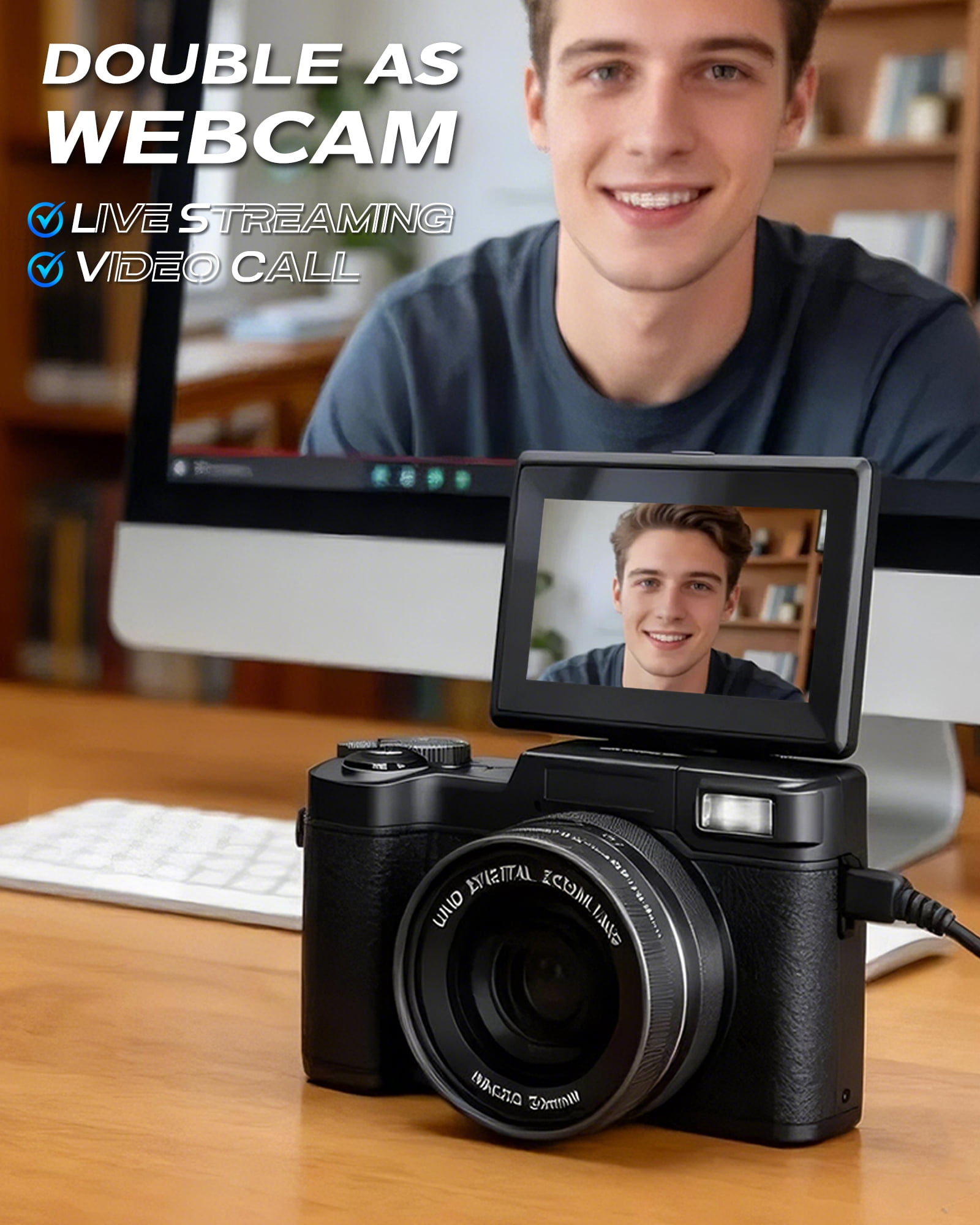 5K Vlogging Camera with WiFi 64MP 5K Digital Camera for Photography Vlog Camera with Flip Screen Video Camera for YouTube with wide-angle and macro lens,Batteries
