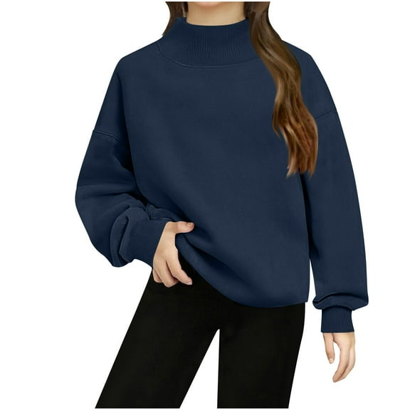 Lenpel Girls' Sweatshirts Mock Neck Long Sleeve Casual Pullover Sweatshirt Tops Fall Winter Clothes for Kids(Navy,13-14 Years)