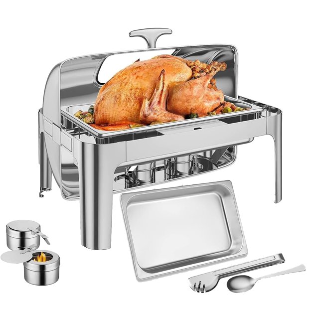 Rectangular Roll Top Chafing Dish, 9QT Stainless Steel Buffet Server Chafing Server Dish