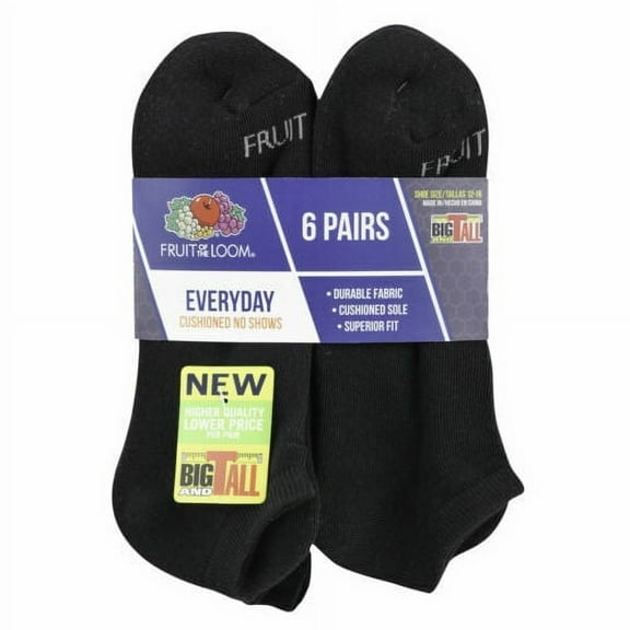Fruit of the Loom® Men's Durable Cushioned No Show Socks 6 Pairs " BIG & TALL"  BLACK