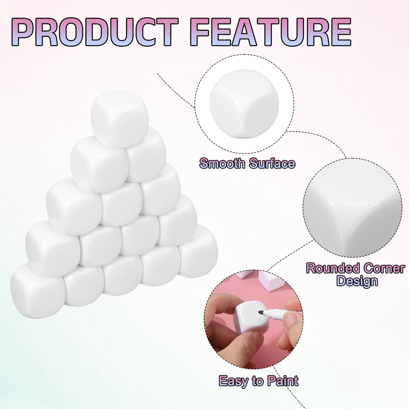 50Pack Acrylic Blank Dice, 18mm/0.71" Acrylic Rounded Corner Six Sided Blank White Dice Blocks with Smoothed Surface for Board Games Party Fun