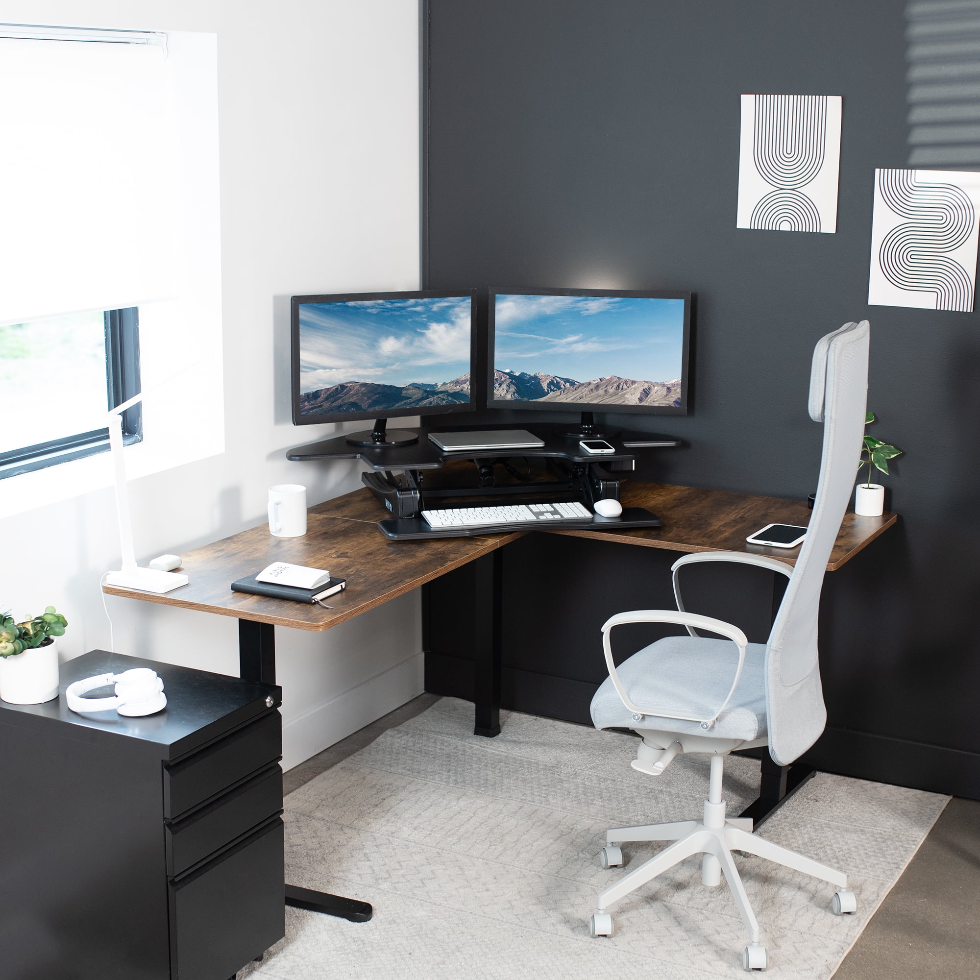 VIVO Black Corner Electric Height Adjustable Cubicle Sit to Stand Desk Riser