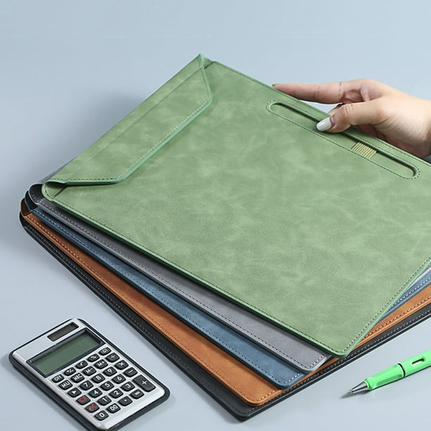 Bloc de notas de cuero con clip metálico | Tamaño A4 | Cuero sintético | Verde, azul, marrón, gris | Portadocumentos portátil ligero para reuniones, oficina, dibujo, menú | Fácil de limpiar los