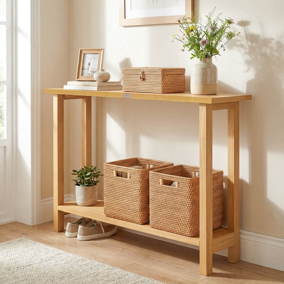 Costway 47”Solid Wood Console Table,2-Tier Narrow Farmhouse Sofa Table with Teak Wood Frame Natural-47"