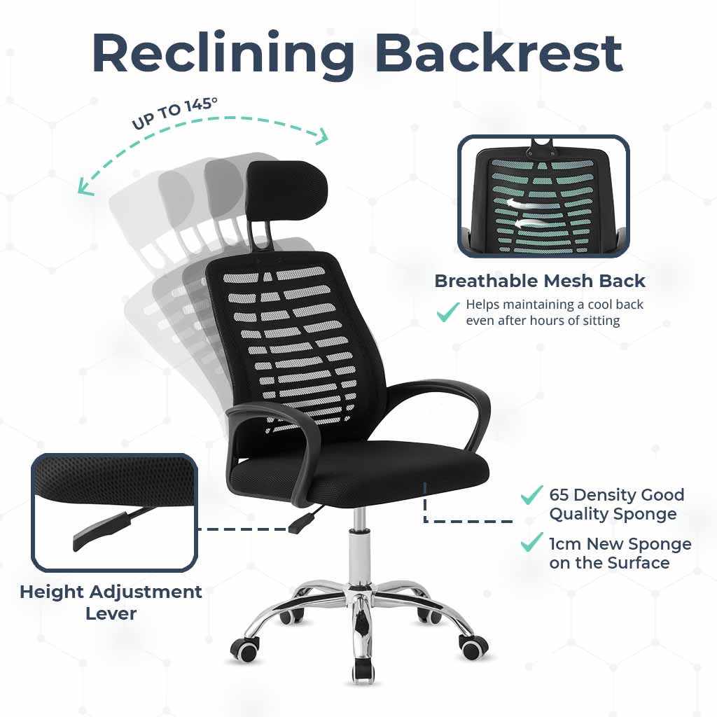 MotionGrey Stylish Ergonomic High Mesh Office Chair with Adjustable Head, Armrest & Lumbar Support - Basic