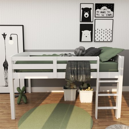 Full Loft Bed Frame  Solid Wood Low Loft Bed with Full-length Guardrail and Ladder  for Kids Teens Boys Girls  Space Saving  White