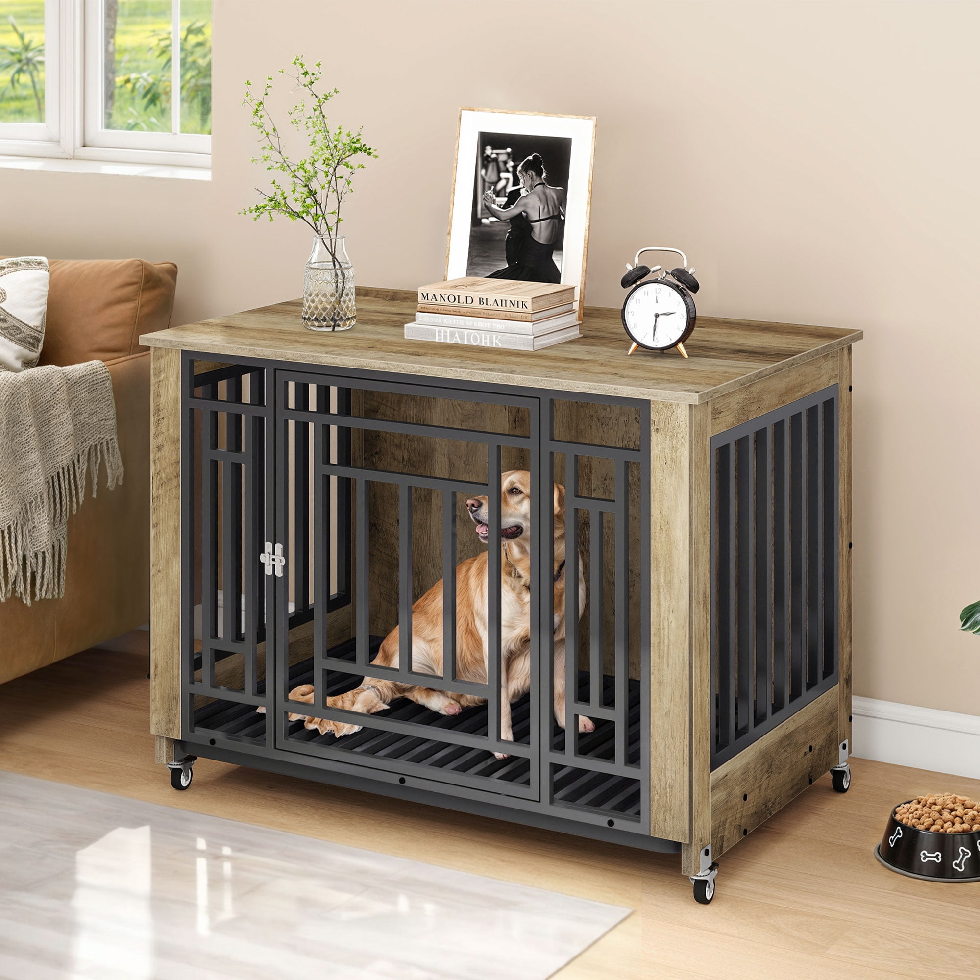 Craftian 38.2 inch Dog Kennel Furniture, Indoor Dog Crate Furniture with Wheels, Ideal for Small Medium Large Dogs - Greige