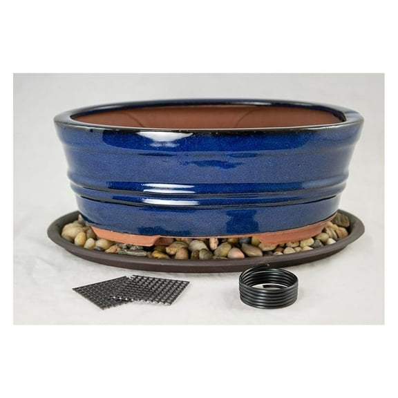 Dark Blue Cactus Pot with Tray, Rock & Mesh - 8.25" Oval Planter Combo