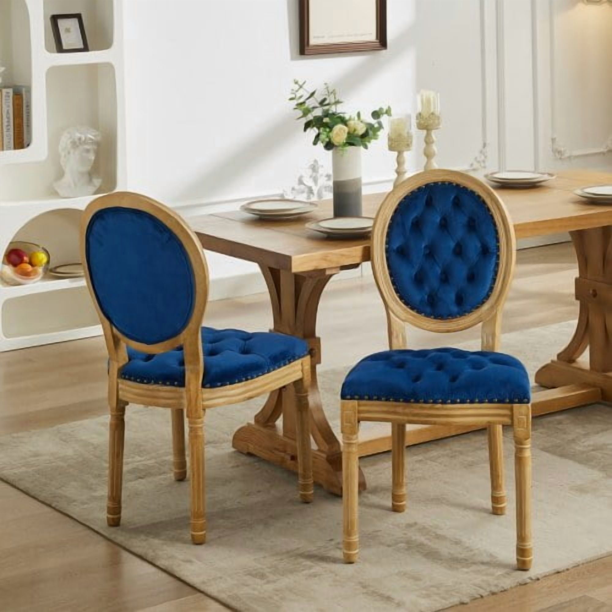 GAKMCIL French Vintage Velvet Dining Chairs (Set of 2), Comfy Button Tufted Dining Chairs with Nailhead Trims and Solid Wood Legs, Weight Capacity 350lb for Dining Room, Kitchen and Café (Blue)