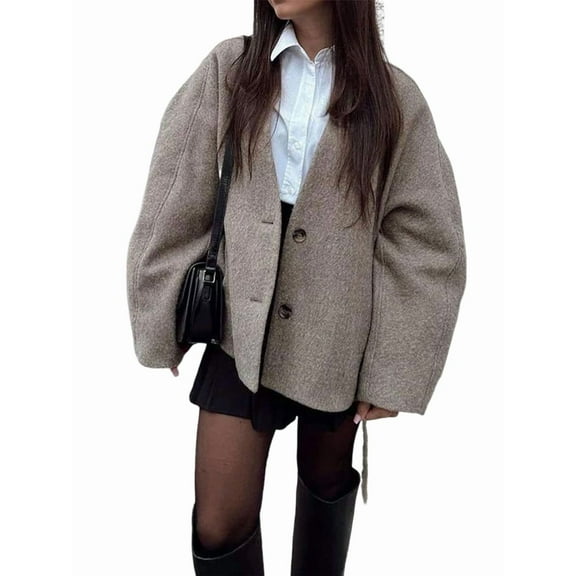 Women'S Casual Retro Loose V-Neck Long-Sleeved Woolen Coat Autumn and Winter Frosted Velvet Lapel Coat Light Gray M