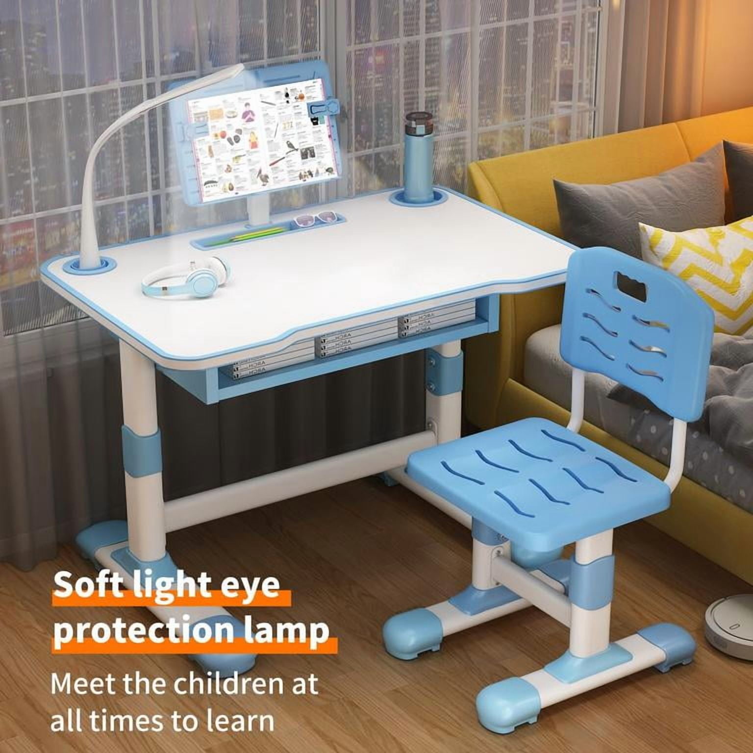 Kids Study Desk Chair Set, Height Adjustable Writing Table, Tiltable Reading Stand, LED Table Light, Children Desk Chair for Bedroom, Study Desks with Large Drawer for Toddlers and Teens (Blue #7)