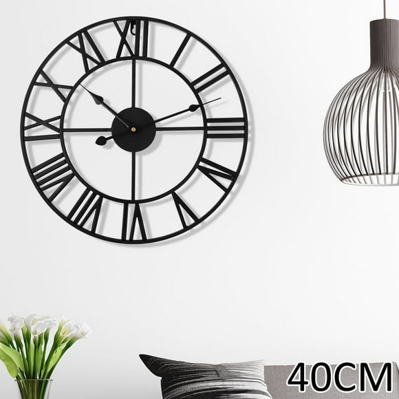 DEBGFS Horloge Extérieure Style Chiffres Romains Horloge Murale 15,7 Pouces Horloge en Métal Intérieure à Piles Style Campagnard Ferme Horloge Murale Décorative pour Maison Jardin Patio Piscine Clôture (Noir)