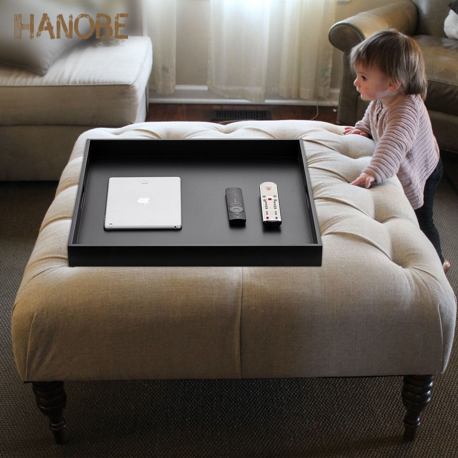 Hanobe Square Large Ottoman Tray Modern Extra Large Black Serving Decorative Trays with Cutout Handles for Living Room Coffee Table Home 20
