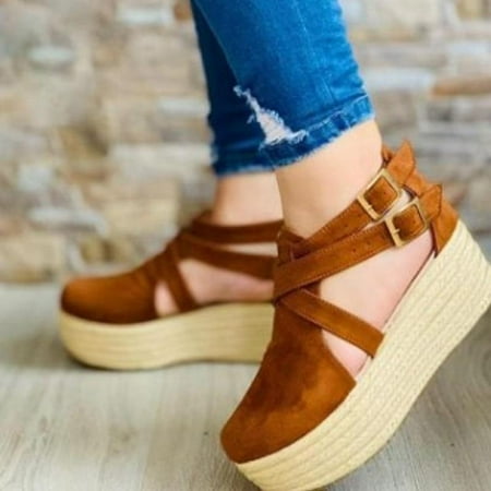 

uikmnh Women Shoes Women s Casual Solid Color Slope Heel Side Hollow Buckle Fashion Sandals Brown 7