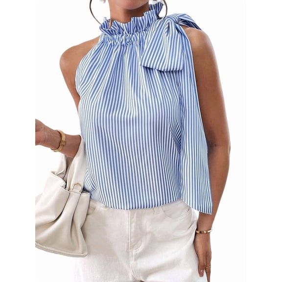 Women's Sleeveless Striped Ruffle Tank Tops High Necked Tie Top Blouse for Daily Wear S