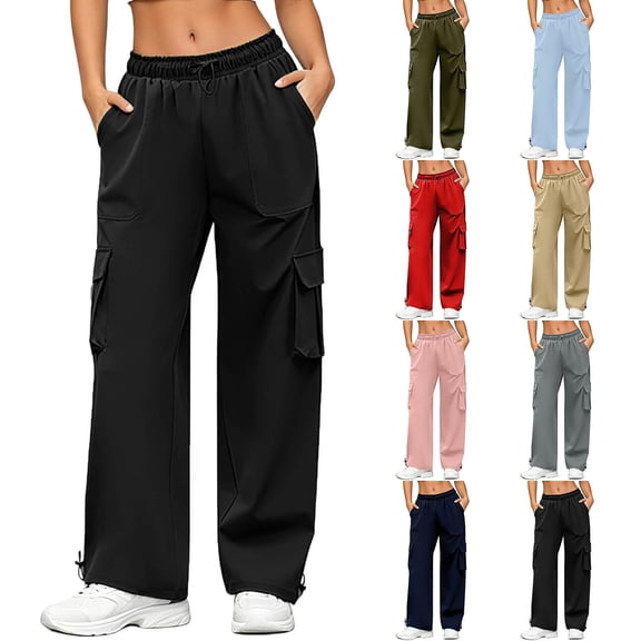 Hvogkswy Cargo Pants for Women Elastic Drawstring Straight Leg Loose Long Trousers Multi Pockets Solid Casual Athletic Work Pants S-3XL