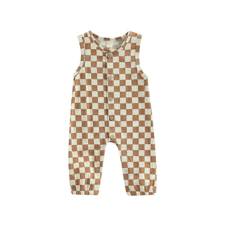 

Calsunbaby Infant Boys Girls Summer Romper Sleeveless Plaid Patterns Grew Button-Down One-Piece Snap Long Pants Jumpsuit
