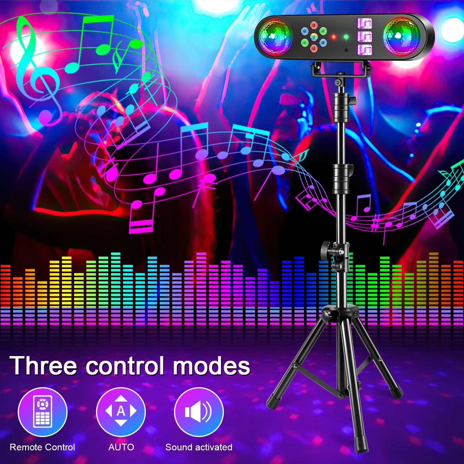 JAJALUYA DJ Light with Stand 5-in-1 Rotating RGB Balls & Remote – UV LED, Strobe, Sound-Activated Lighting for Parties, Weddings, Disco Clubs