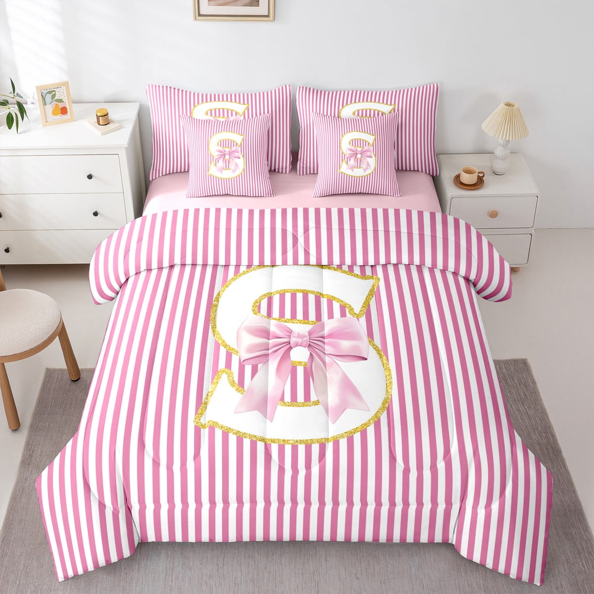 Homewish Initial S Letter Twin Bedding Sets 7-Piece Girly Pink Stripes Abstract Bedding Comforter Set Princess Cartoon Bowknot Reversible Sheet Sets Microfiber Bedroom Decor