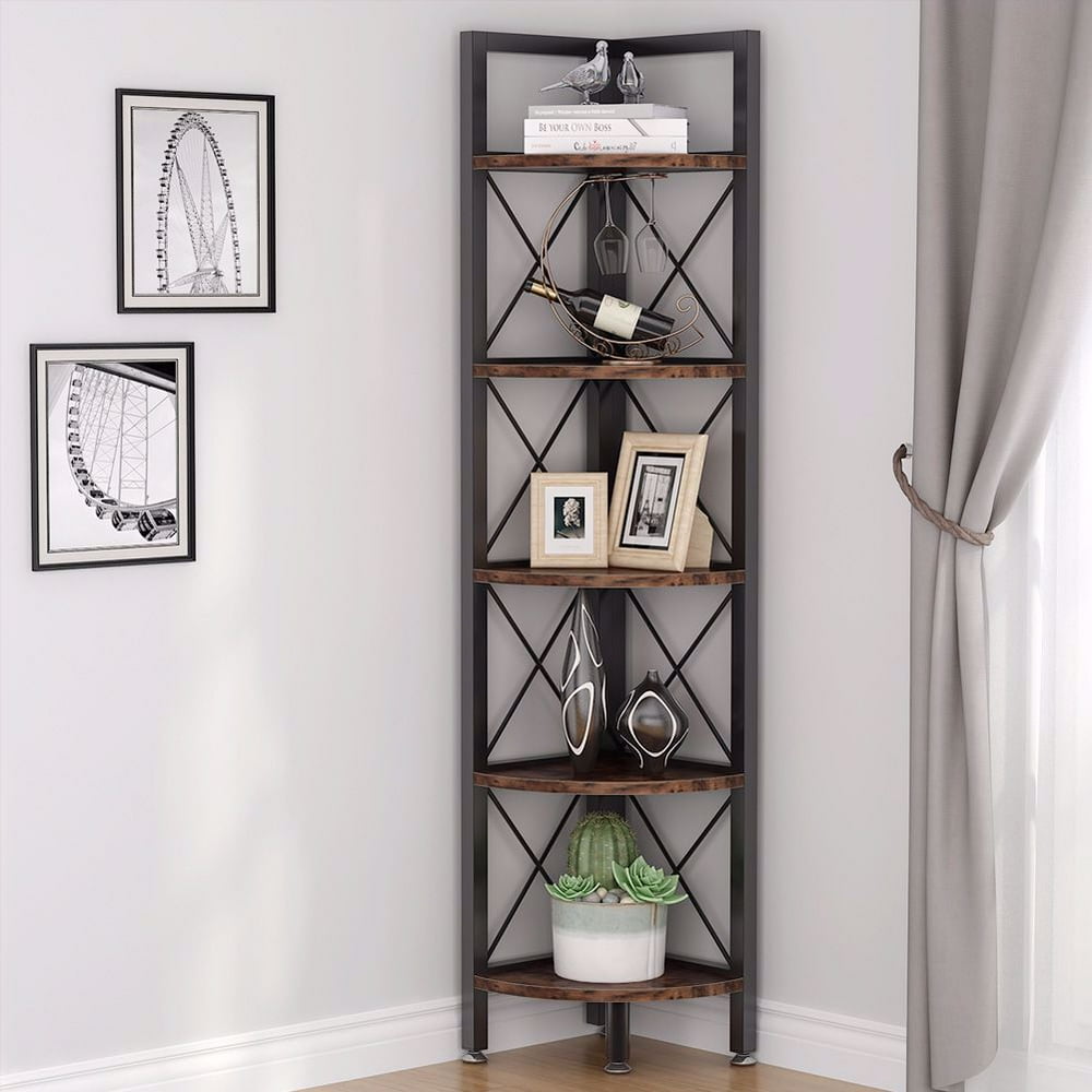 Tribesigns 5 Tier Corner Shelf, Rustic Corner Bookshelf Small Bookcase