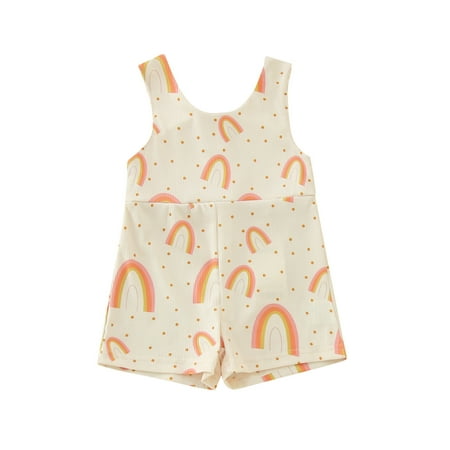 

Toddler Girls Bodysuits Sleeveless Jumpsuit Flower Rainbow Print Outwear For Babys Clothes Zipper For 12-18 Months