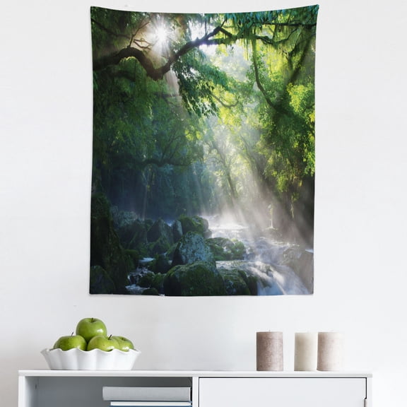 Nature Tapestry, Stream in the Jungle Stones Under Shadows of Trees Sun Rays Mother Earth Theme, Fabric Wall Hanging Decor for Bedroom Living Room Dorm, 5 Sizes, Green White, by Ambesonne