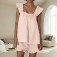 thumbnail image 2 of VNKIDY Women's Pajama Sets 2 Piece Outfits Sleeveless Sleepwear Ruffle Crop Tops Casual Shorts Loungewear Homewear Solid Color Stylish Nightwear, 2 of 6