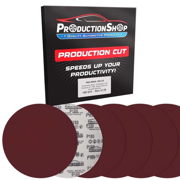 ProductionShop Premium 9" PSA Red 180Grit Sanding Discs, Box of 20 - Self Adhesive Stickyback Sandpaper for Drywall Power Sanders, Coarse-Cut Abrasive - Woodworking, Sand Wood, Metal Auto