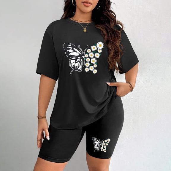 Women's Plus Size Butterfly and Daisy Print Short Sleeve T-Shirt & Shorts Set