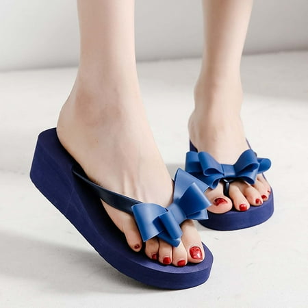 

Egmy Summer Ladies Bowknot Flip Flops Casual Flip Flops High Heel Beach Shoes