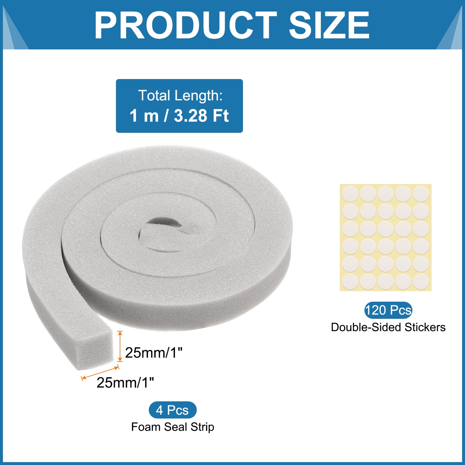 4 Set 3.28ft Foam Seal Strip, 1 Inch Width x 1 Inch Thick Weather Stripping Foam Insulation Tape, EVE Air Conditioner Open Cell Foam Seal Tape for Doors, Windows, Grey