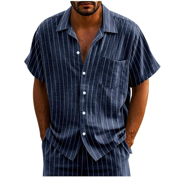 USNSM Men's Short Sleeve Casual Button Down Shirts Textured Summer Beach Striped Shirt with Pocket Blue XXXL