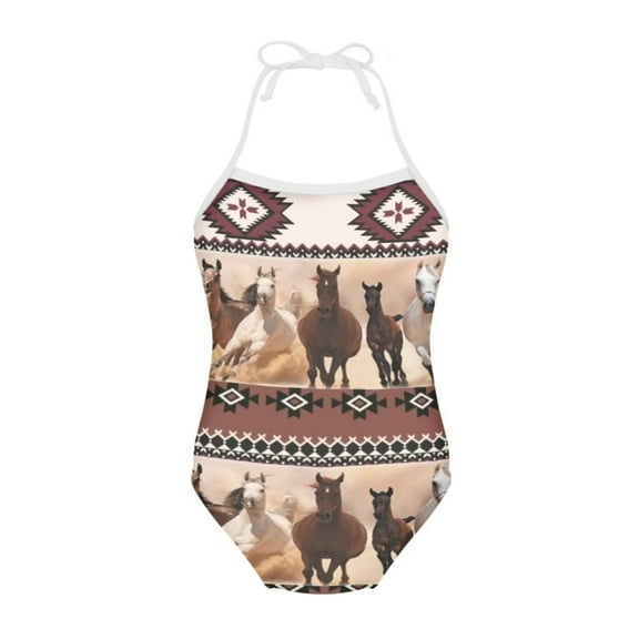 FOR U DESIGNS Southwest Aztec Horse One Piece Bathing Suit for Girls 7-8 Years Old Polyester Gymnastics Leotards Stretchy Sleeveles Swimsuit, Brown
