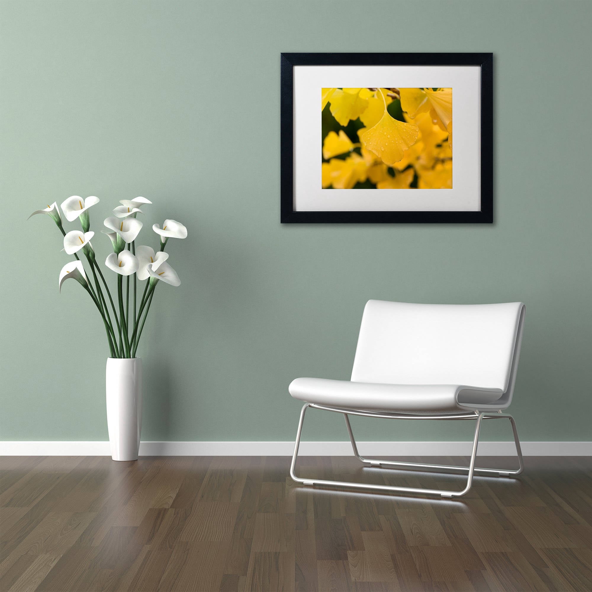 Trademark Fine Art "Ginkgo in the Rain" Canvas Art by Philippe Sainte-Laudy White Matte, Black Frame