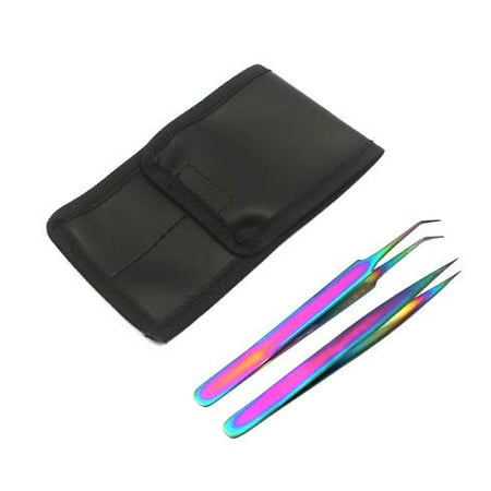 OdontoMed2011® Set Of 2 Stainless Steel Multi Titanium Rainbow Color 3d Eyelash Extension Tweezers Straight + A Type Angled Fine Point Jewelry-making, Laboratory