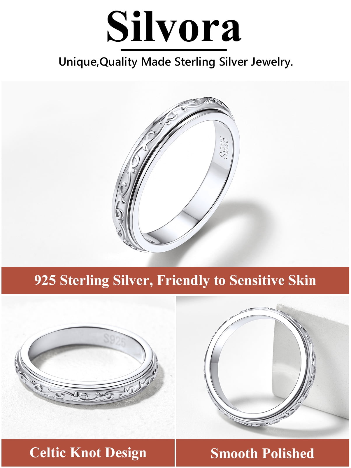 Silvora S925 Sterling Silver Fidget Rings Embossed Celtic Spinner Rings Anxiety Stress Relieving Band Gifts for Women, Size 9