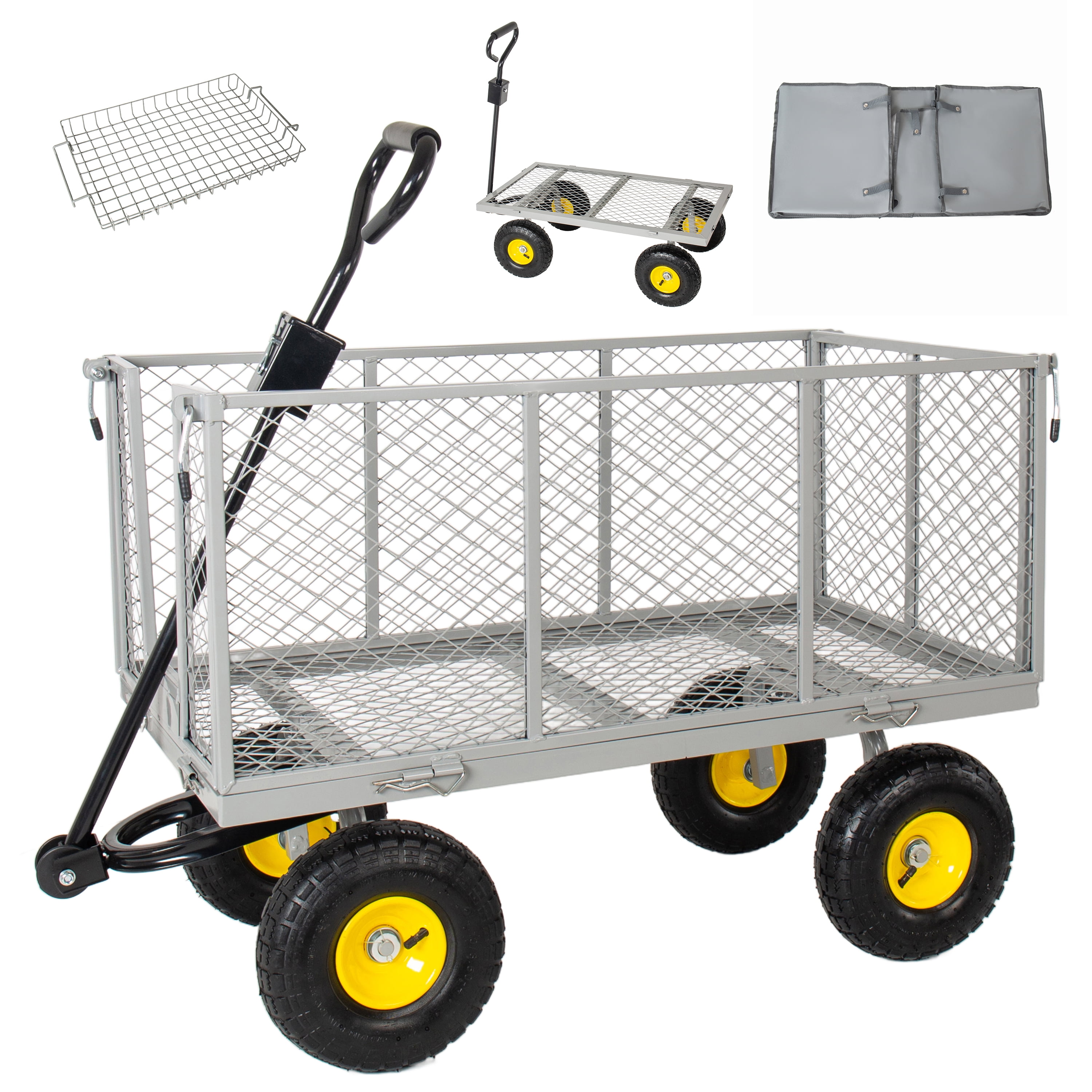 3 in 1 Oversized Steel Garden Cart, 880lbs Pullable Mesh Metal Garden Cart, All-Terrain Utility Cart with Removable Liner & Side Panels & Mesh Tray for Outdoor Lawn, Patio and Landscaping, Gray