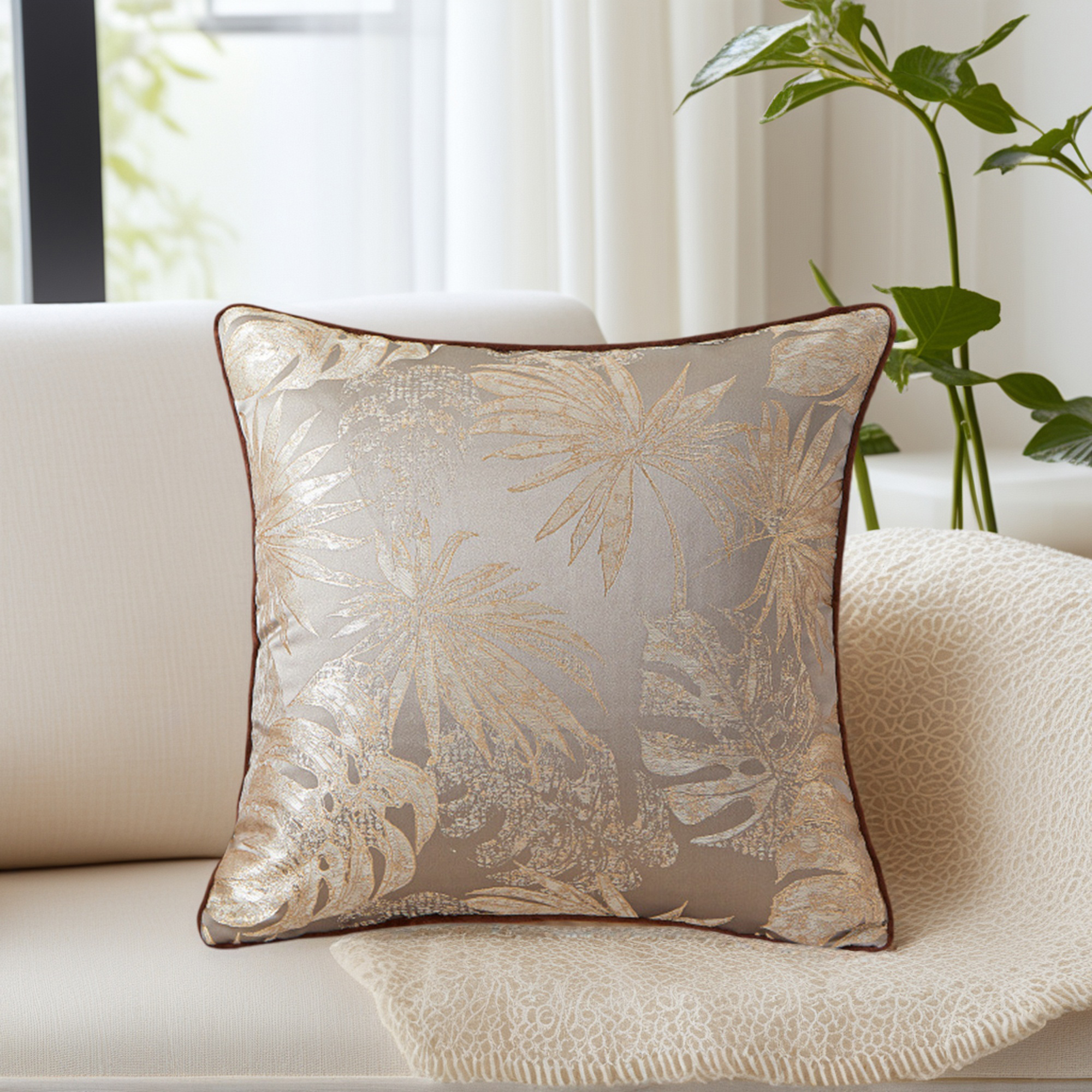 Unique Bargains 2pcs Velvet Tropical Leaf Jacquard Pillow Cover 18" x 18" Brown