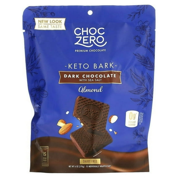 ChocZero, Dark Chocolate with Sea Salt, Almonds, Sugar Free, 6 Bars, 1 oz Each Pack of 4