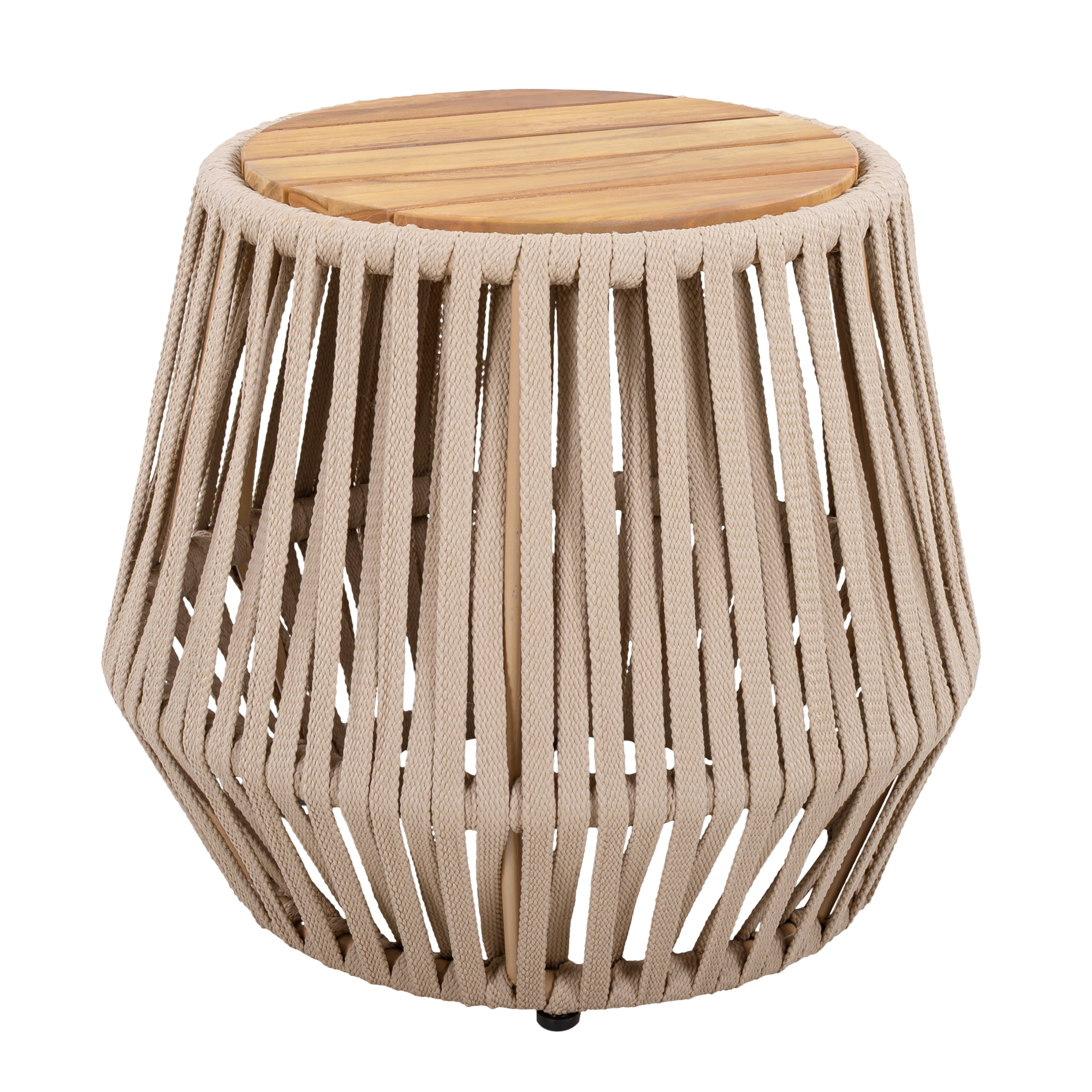 Christopher Knight Home Round Outdoor Acacia Wood Accent Side Table with Beige Rope, Light Teak Finish