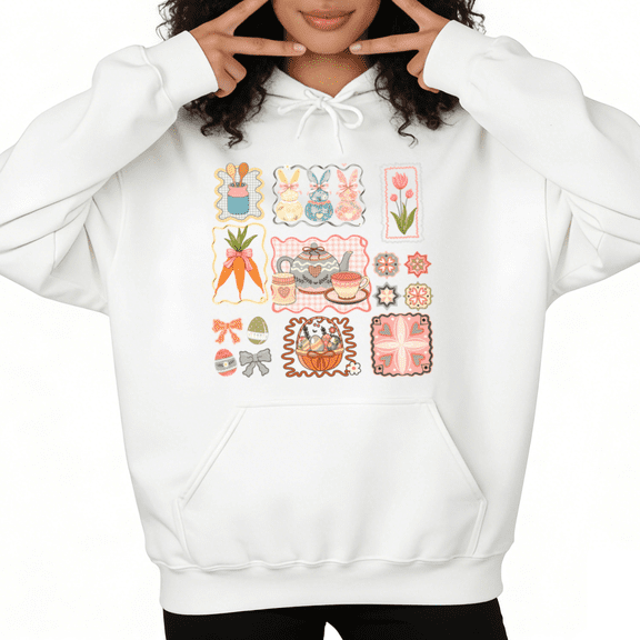 Women Comfortable Easter Bunny Tea Party Graphic Hoodies Printed Cotton Hooded Long Sleeved White S-2XL