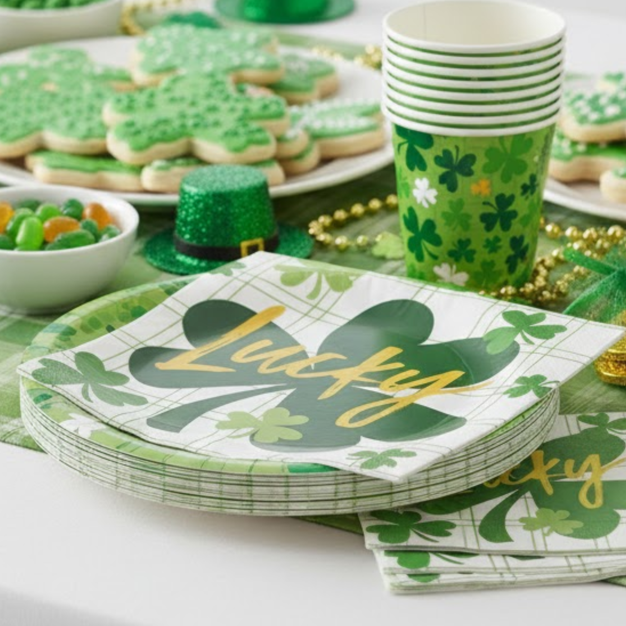 St. Patrick’s Day Party Supplies Set – Shamrock Dessert & Appetizer Plates -16 Count, 7" & “Let the Shenanigans Begin” Beverage Napkins -16 Count – Disposable Paper Plates & Napkins