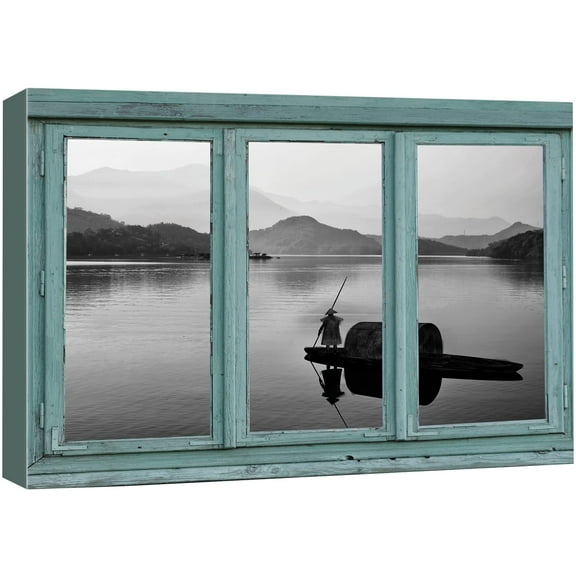 wall26 - Vintage Teal Window Looking Out Into a Black and White Boat on a Lake with a Mountain View - Canvas Art Home Art - 24x36 inches