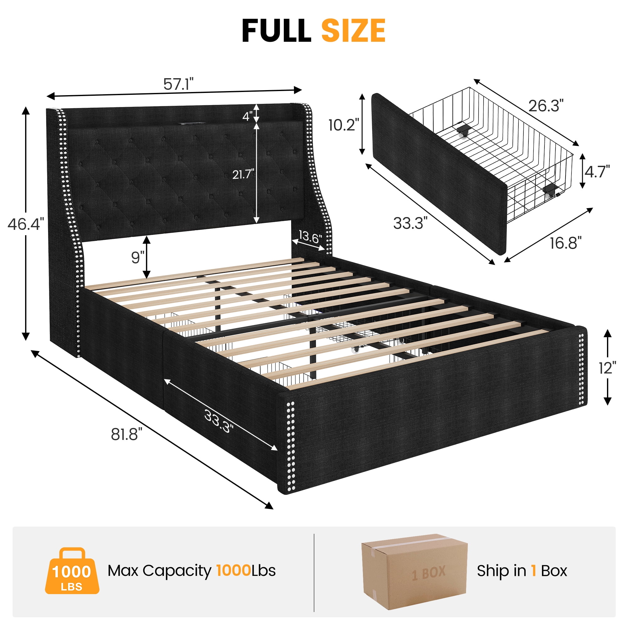 JoanKaren Full Bed Frame,Luxury Upholstered Platform Beds with Charging Station,4 Storage Drawers&Adjustable Headboard,Easy Assembly,Black