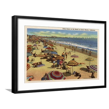 Art.com Santa Monica, California - A Daily Scene on the Beach Art Print by Lantern Press, Black Frame Wall Art, 29" x 21"